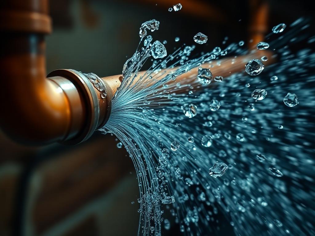 Burst copper pipe spraying water — emergency plumbing situation