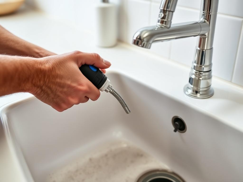 Plumber clearing a clogged sink drain